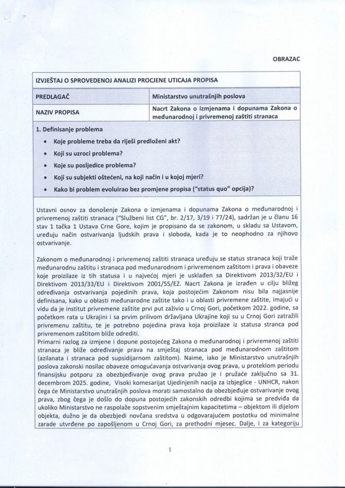 Извјештај о спроведеној анализи процјене утицаја прописа - Нацрт закона о измјенама и допунама Закона о међународној и привременој заштити странаца