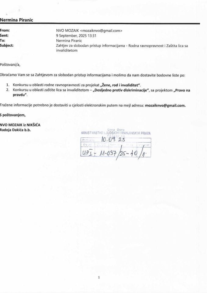 Zahtjev za SPI NVO Mozaik - UPI 011-037/25-40/1, Rješenje UPI 01-037/25-40/2, Odgovor UPI 01-037/25-40/3