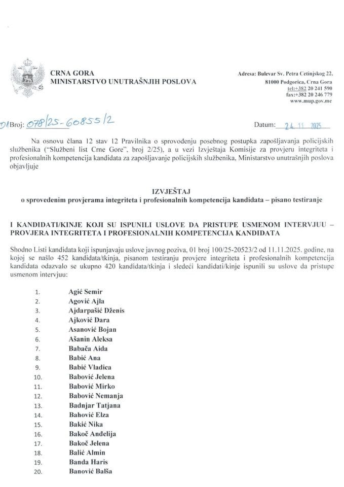 Izvještaj o sprovedenim provjerama integriteta i profesionalnih kompetencija kandidata - pisano testiranje