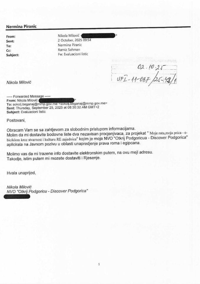 Zahtjev za SPI NVO Otkrij Podgoricu - UPI 011-037/25-42/1, Rješenje UPI 01-037/25-42/2, Odgovor UPI 01-037/25-42/3
