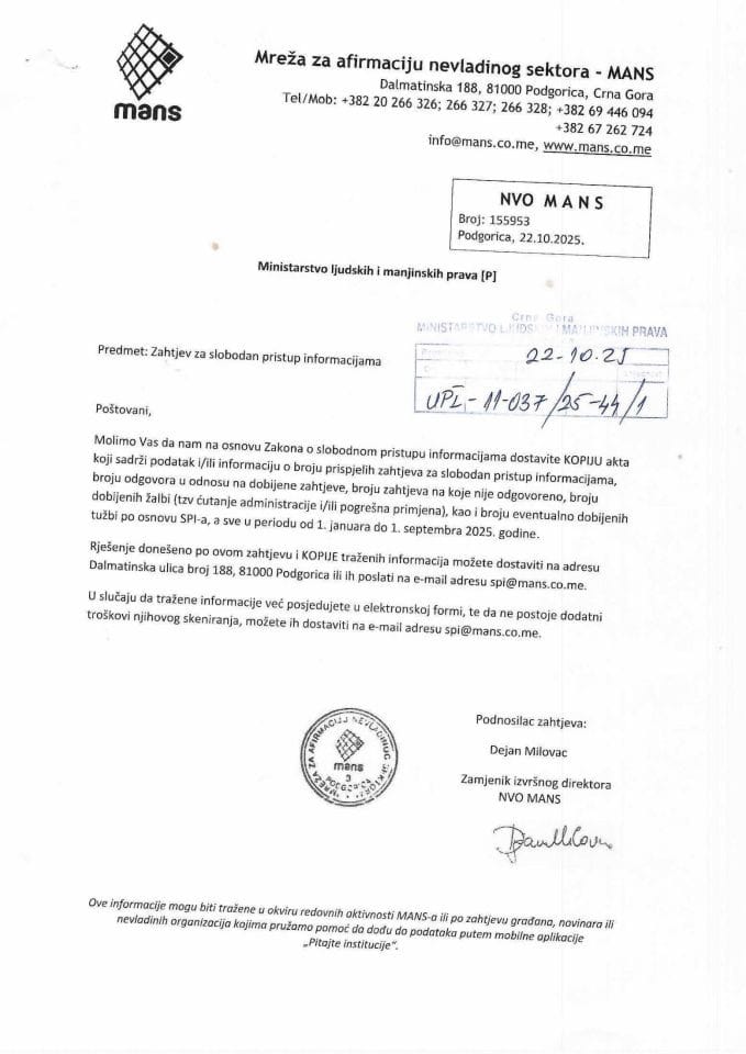 Zahtjev za SPI NVO MANS - UPI 011-037/25-44/1, Rješenje UPI 01-037/25-44/2, Odgovor UPI 01-037/25-44/3