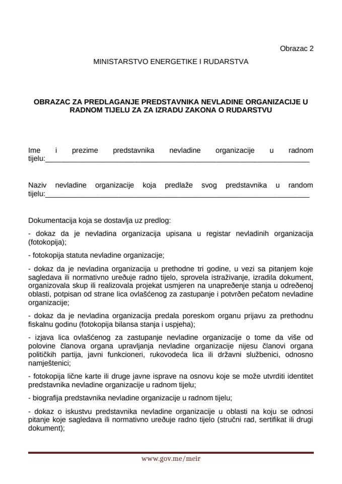 Образац 2 - Образац за предлагање представника НВО у радном тијелу