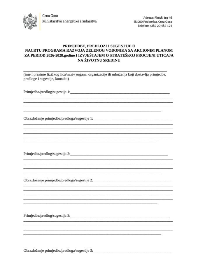 Obrazac 4 - Primjedbe predlozi i sugestije na tekst Nacrta Programa razvoja zelenog vodnika