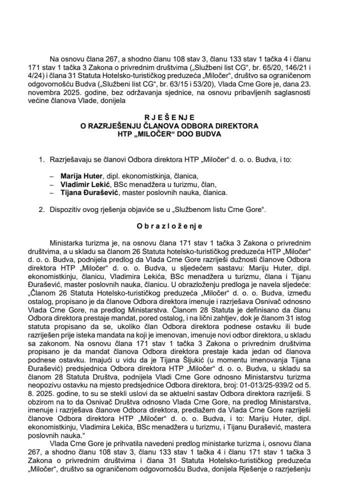Predlog za razrješenje članova Odbora direktora HTP "Miločer" d.o.o. Budva