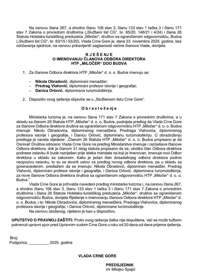 Predlog za imenovanje članova Odbora direktora HTP "Miločer" d.o.o. Budva.