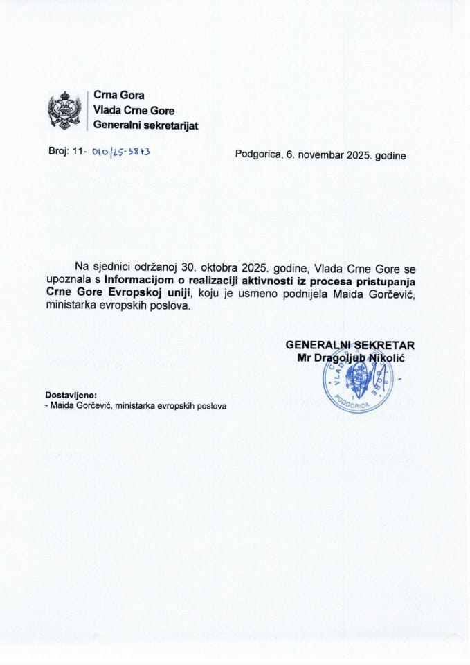 Усмена информација о реализацији активности из процеса приступања Црне Горе Европској унији - Закључци