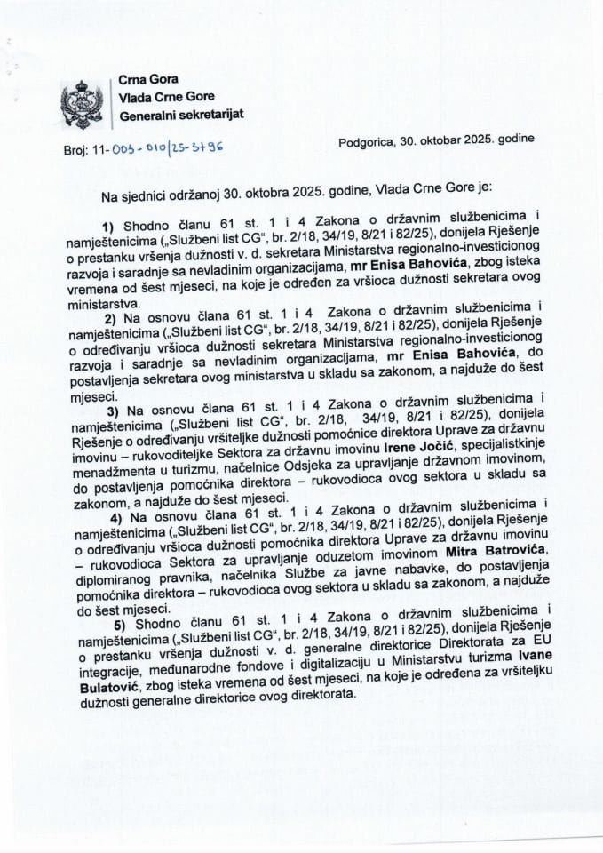 Кадровска питања - 101. Сједница Владе - Закључци
