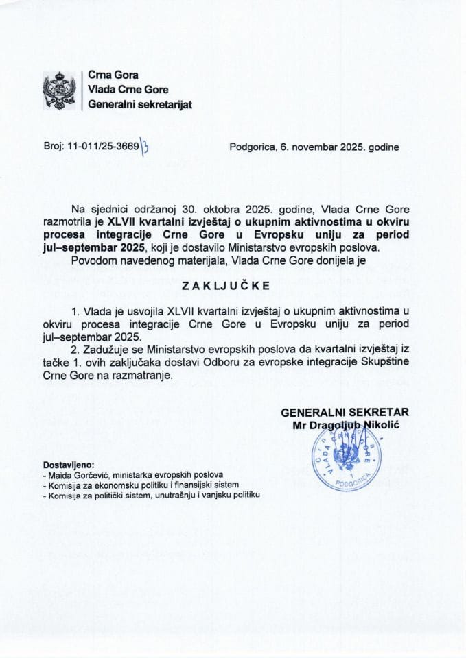 XLVII квартални извјештај о укупним активностима у оквиру процеса интеграције Црне Горе у Европску унију за период јул - септембар 2025. - Закључци