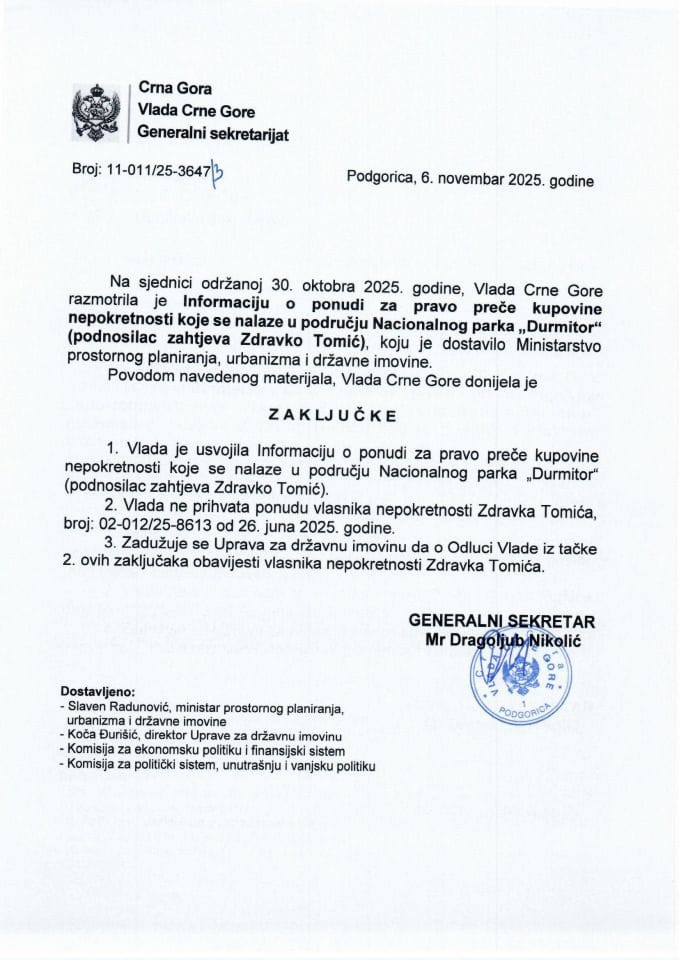 Информација о понуди за право прече куповине непокретности које се налазе у подручју Националног парка „Дурмитор“ (подносилац захтјева Здравко Томић) - Закључци