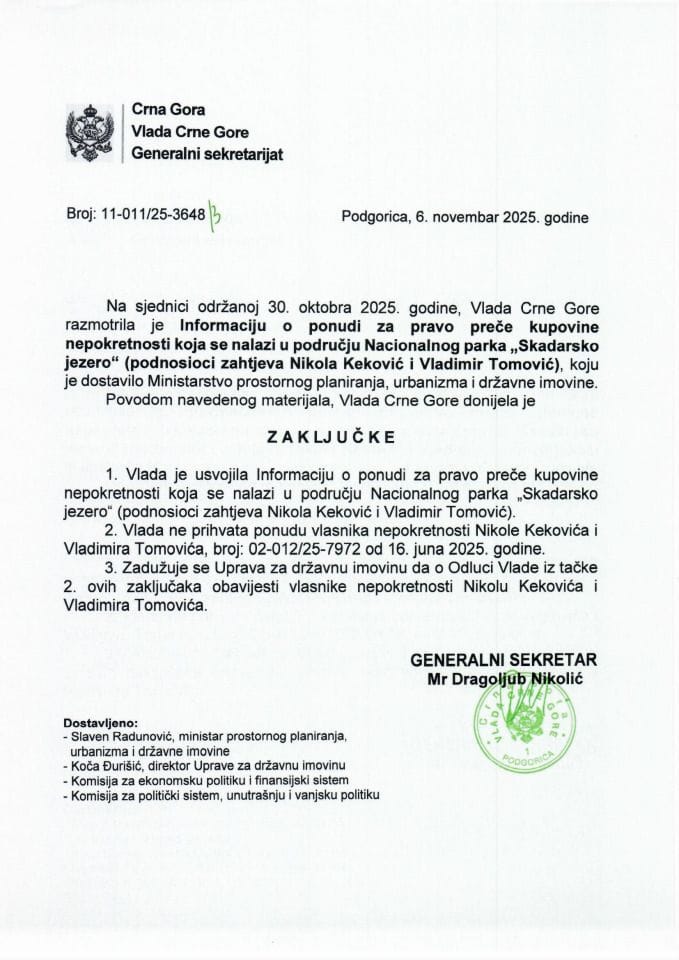 Информација о понуди за право прече куповине непокретности која се налази у подручју Националног парка „Скадарско језеро“ (подносиоци захтјева Никола Кековић и Владимир Томовић) - Закључци