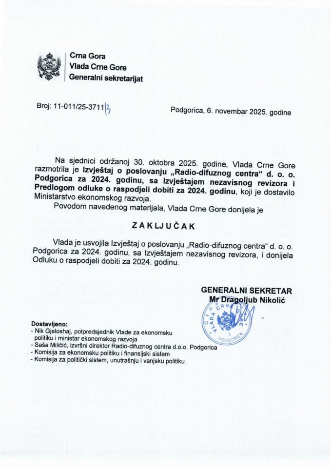 Извјештај о пословању „Радио-дифузног центра“ д.о.о. Подгорица за 2024. годину са Извјештајем независног ревизора и Предлог одлуке о расподјели добити за 2024. годину - Закључци