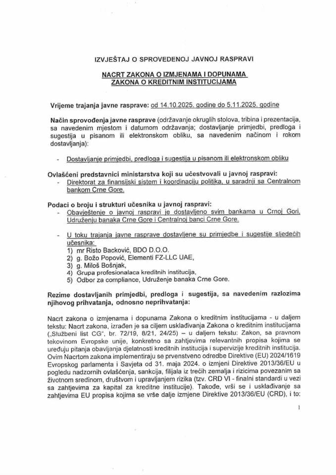 Izvještaj o sprovedenoj javnoj raspravi za Nacrt zakona o izmjenama i dopunama Zakona o kreditnim institucijama
