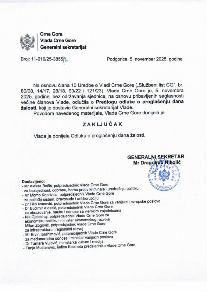 Predlog odluke o proglašenju dana žalosti - Zaključci