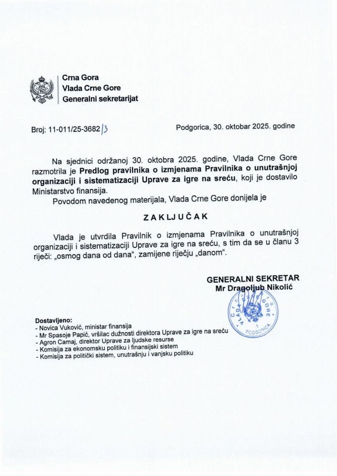 Предлог правилника о измјенама Правилника о унутрашњој организацији и систематизацији Управе за игре на срећу - Закључци