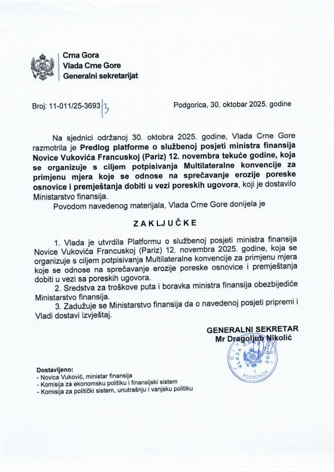 Предлог платформе о службеној посјети министра финансија Новице Вуковића Француској (Париз), која се организује с циљем потписивања Мултилатералне конвенције за примјену мјера које се односе на спречавање ерозије пореске основице - Закључци