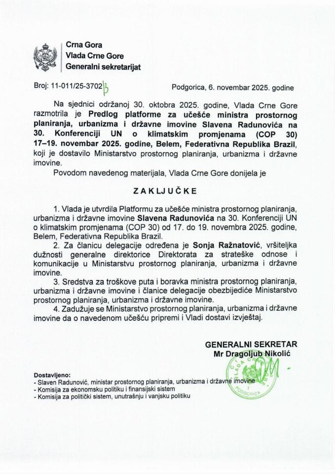 Предлог платформе за учешће министра просторног планирања, урбанизма и државне имовине, Славена Радуновића, на 30. Конференцији УН-а о климатским промјенама (COP 30), 17-19. новембар 2025. године, Белем, Федеративна Република Бразил - Закључци