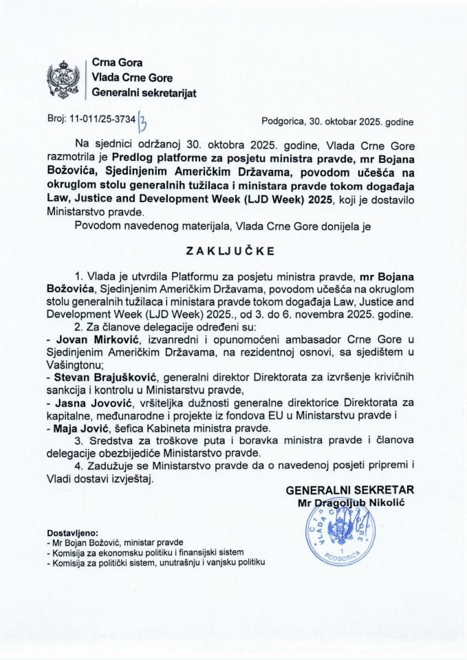 Предлог платформе за посјету министра правде мр Бојана Божовића Сједињеним Америчким Државама поводом учешћа на округлом столу генералних тужилаца и министара правде током догађаја Law, Justice and Development Week (LJD Week) 2025 - Закључци