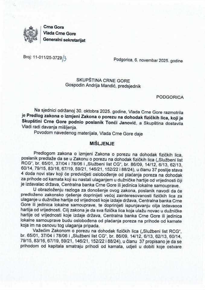 Предлог мишљења на Предлог закона о измјени Закона о порезу на доходак физичких лица (предлагач посланик Тонћи Јановић) - закључци