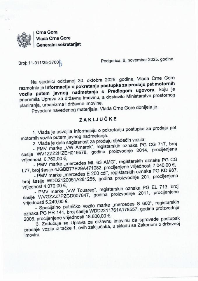 Информација о покретању поступка за продају пет моторних возила путем јавног надметања с Предлогом уговора - Закључци