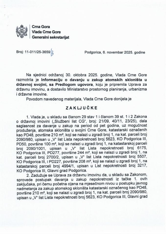 Информација о давању у закуп атомских склоништа у државној својини с Предлогом уговора - Закључци