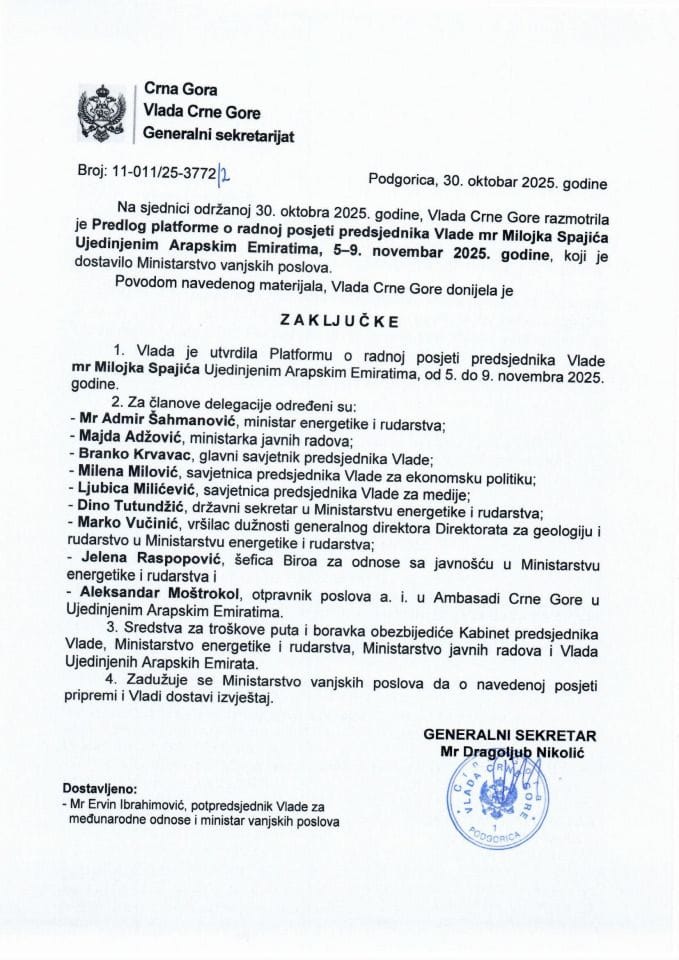 Предлог платформе о радној посјети предсједника Владе мр Милојка Спајића Уједињеним Арапским Емиратима, 5-9. новембар 2025. године - Закључци