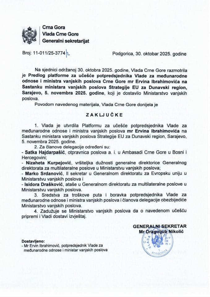 Предлог платформе за учешће потпредсједника Владе за међународне односе и министра вањских послова Црне Горе мр Ервина Ибрахимовића на Састанку министара вањских послова Стратегије ЕУ за Дунавски регион, Сарајево, 5. новембар 2025. године - Закључци