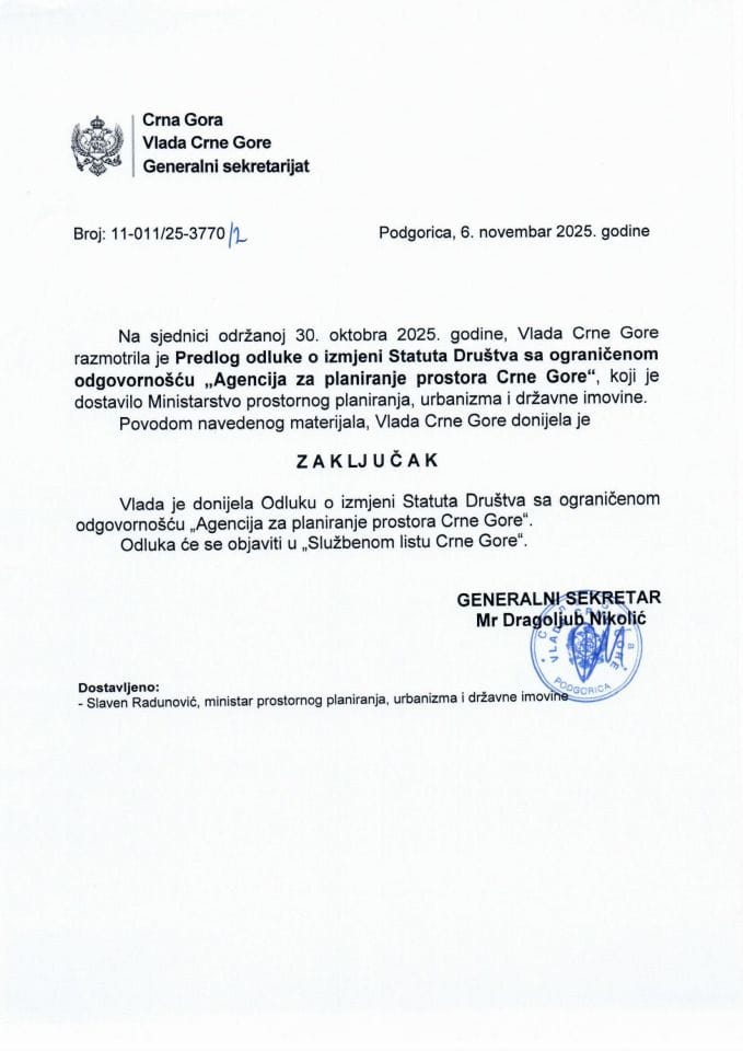 Предлог одлуке о измјени Статута Друштва са ограниченом одговорношћу „Агенција за планирање простора Црне Горе“ - Закључци