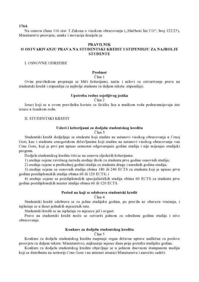 Pravilnik o ostvarivanju prava na studentski kredit i stipendiju za najbolje studente