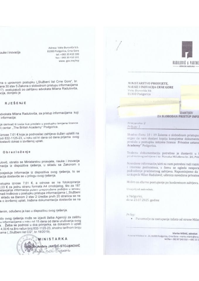 Zahtjev i rješenje - dokumentacija predata u postupku izmjene licence The British Academy