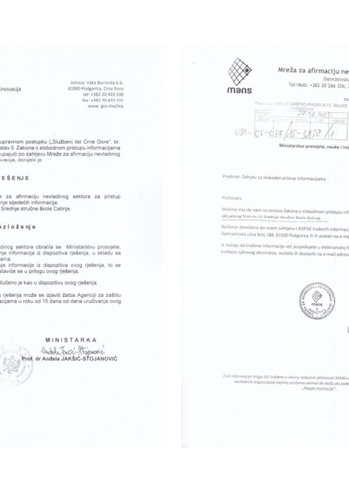 Zahtjev i rješenje - Kopija aktuelnog statuta JU Srednja stručna škola Cetinje