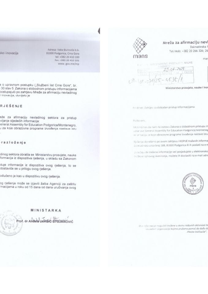Zahtjev i rješenje - kopija licence General Assembly for Education Podgorica