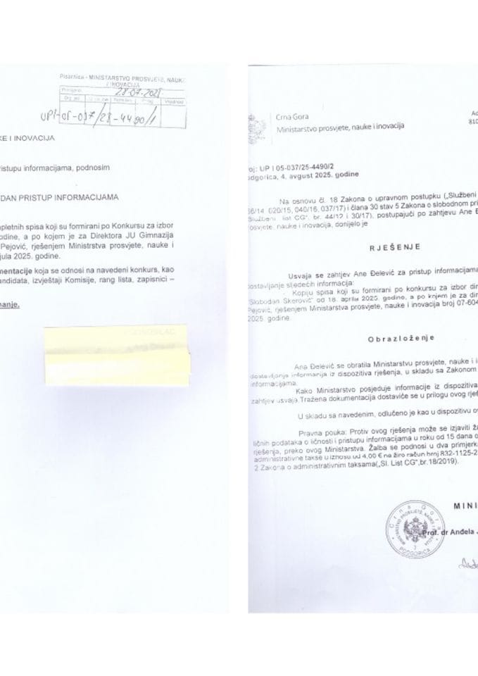 Zahtjev i rješenje - kopija spisa koji su formirani pri konkursu za izbor direktora JU Gimnazija Slobodan Škerović