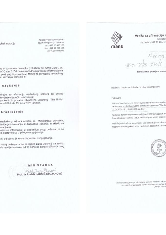 Zahtjev i rješenje - Kopije svih zahtjeva za kontrolu The British Academy