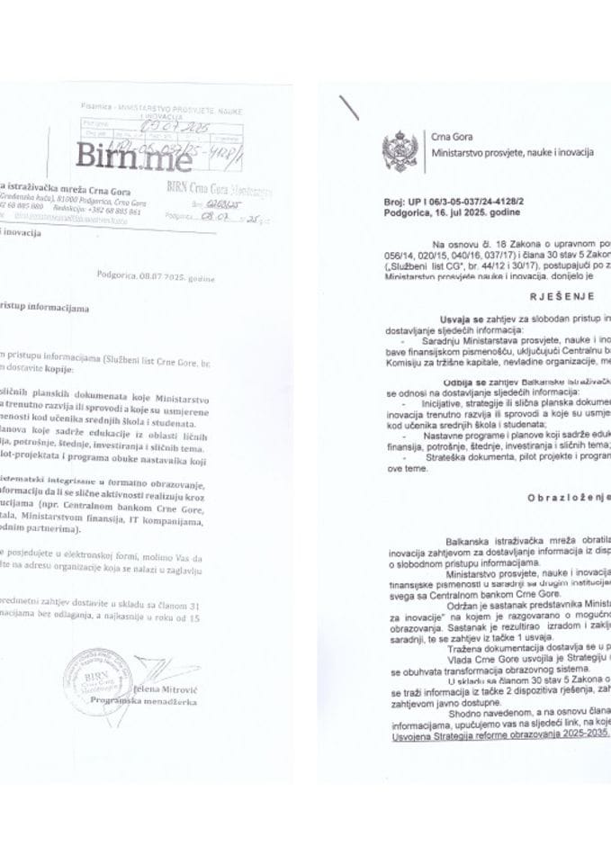 Zahtjev i rješenje - Saradnja MPNI sa drugim institucijama u cilju poboljšanja finansijske pismenosti