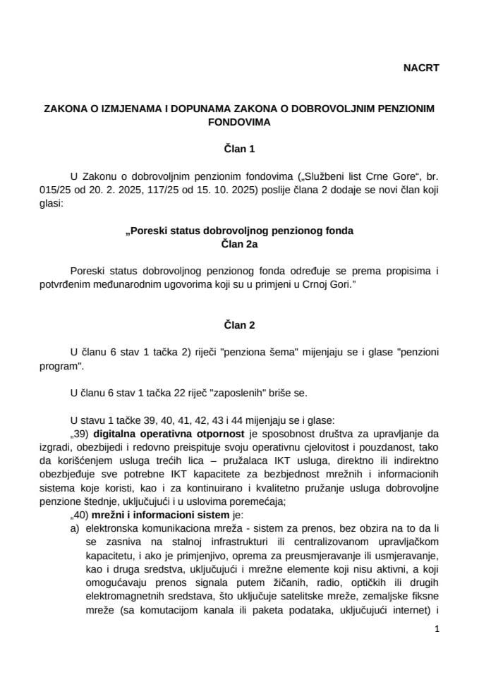 Nacrt zakona o izmjenama i dopunama Zakona o dobrovoljnim penzionim fondovima