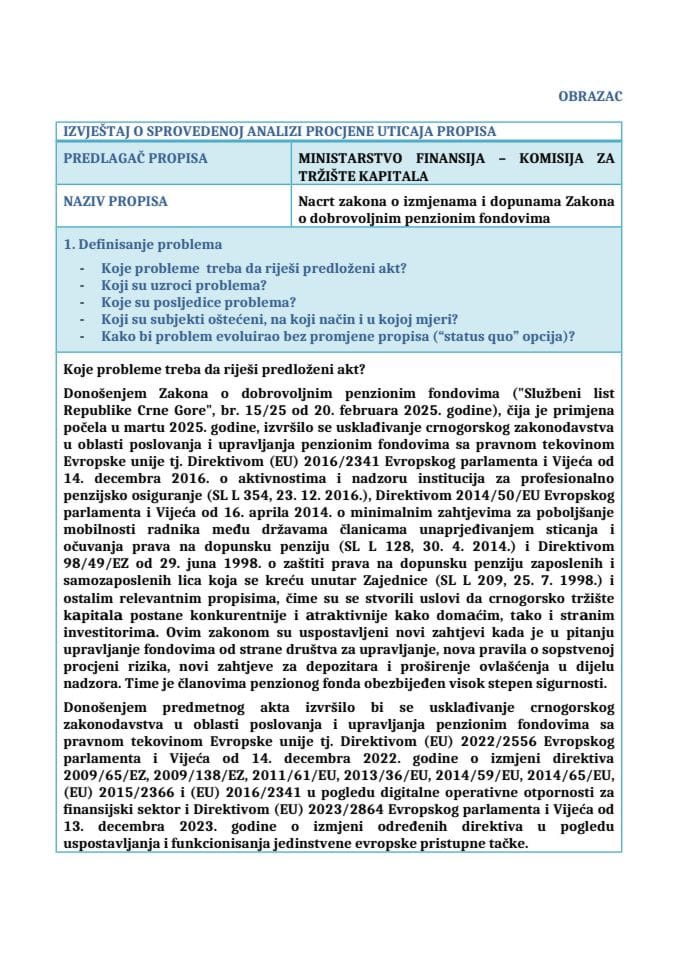 Izvještaj o sprovedenoj analizi procjene uticaja propisa (RIA)