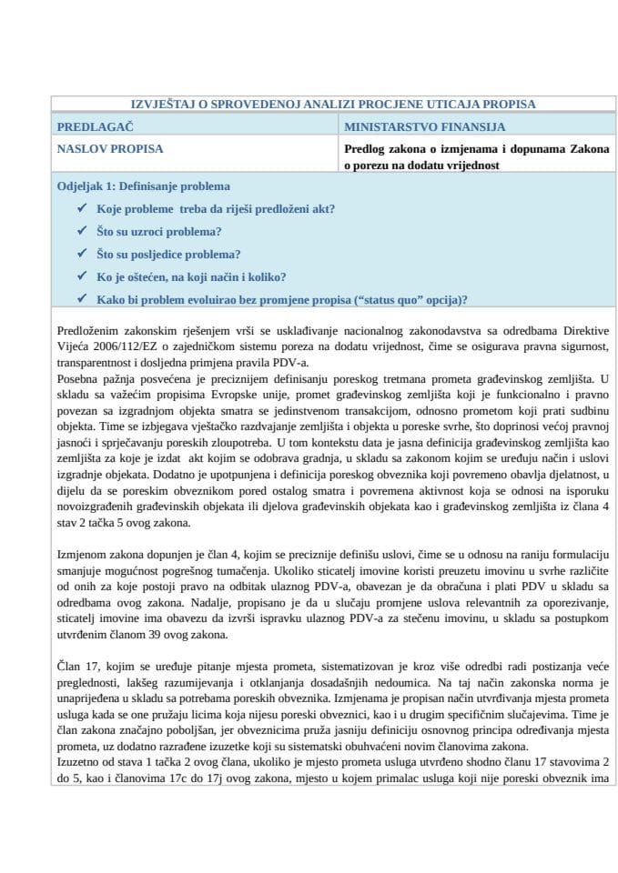 Izvještaj o sprovedenoj analizi procjene uticaja propisa (RIA)