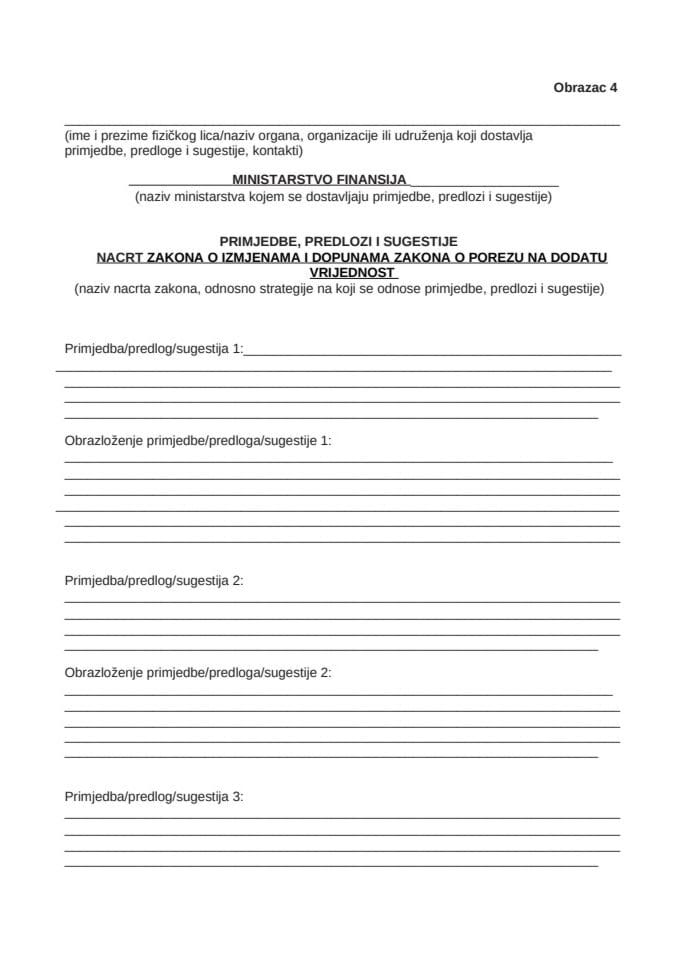 Obrazac za dostavljanje prijedloga, sugestija i komentara na Nacrt zakona
