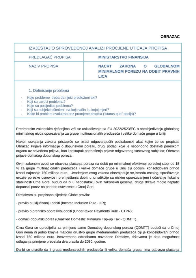 Извјештај о спроведеној анализи процјене утицаја прописа (РИА)