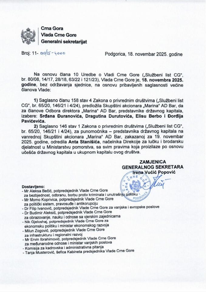 Kadrovska pitanja sa telefonske sjednice Vlade održane 18. novembra 2025. godine - zaključci