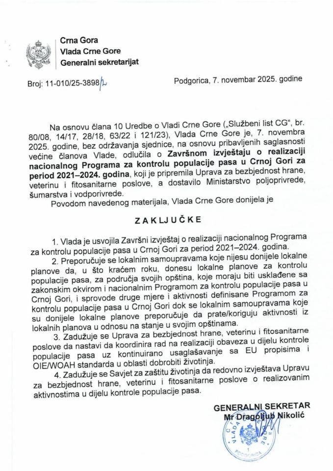 Završni izvještaj o realizaciji Nacionalnog programa za kontrolu populacije pasa u Crnoj Gori za period 2021-2024. godina - zaključci
