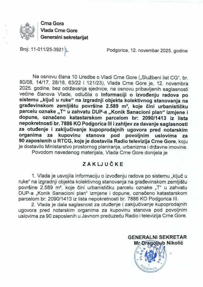 Informacija o izvođenju radova po sistemu „ključ u ruke“ na izgradnji objekta kolektivnog stanovanja na građevinskom zemljištu površine 2.589 m2, koje čini urbanističku parcelu oznake „T“ u zahvatu DUP-a „Konik Sanacioni plan“ - zaključci