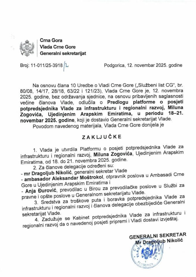 Predlog platforme o posjeti potpredsjednika Vlade za infrastrukturu i regionalni razvoj, Miluna Zogovića, Ujedinjenim Arapskim Emiratima, u periodu 18-21. novembar 2025. godine - zaključci