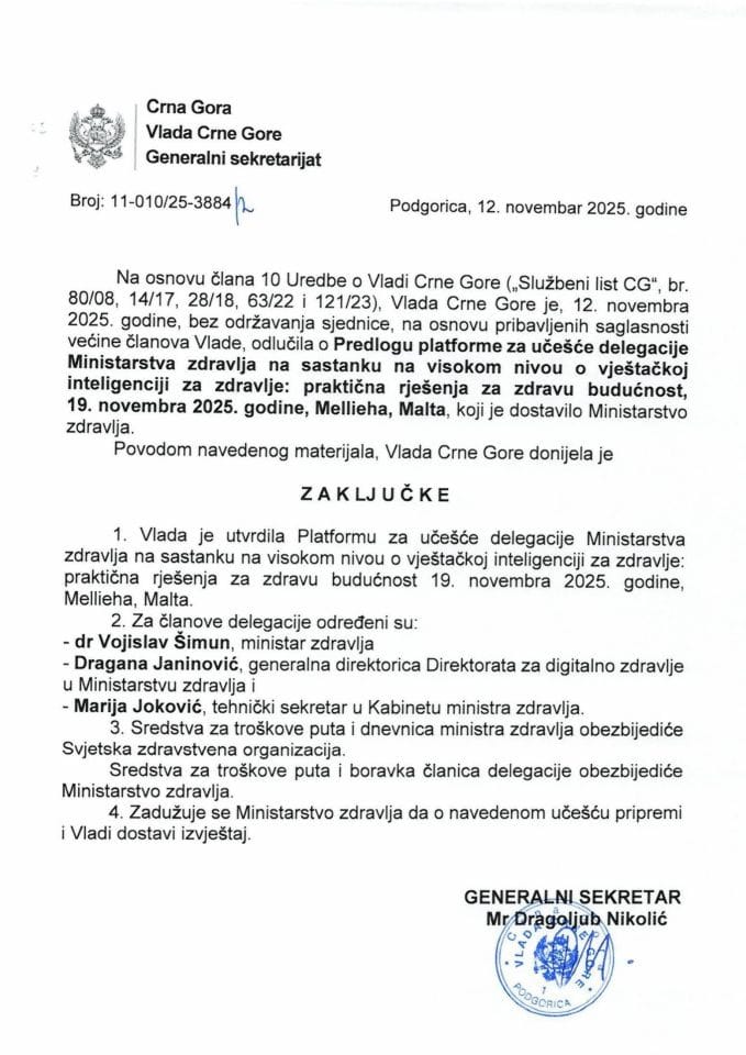 Predlog platforme za učešće delegacije Ministarstva zdravlja na sastanku na visokom nivou o vještačkoj inteligenciji za zdravlje: praktična rješenja za zdravu budućnost, 19. novembra 2025. godine, Mellieha, Malta - zaključci