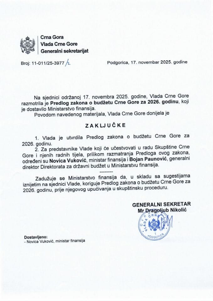 Predlog zakona o budžetu Crne Gore za 2026. godinu - zaključci