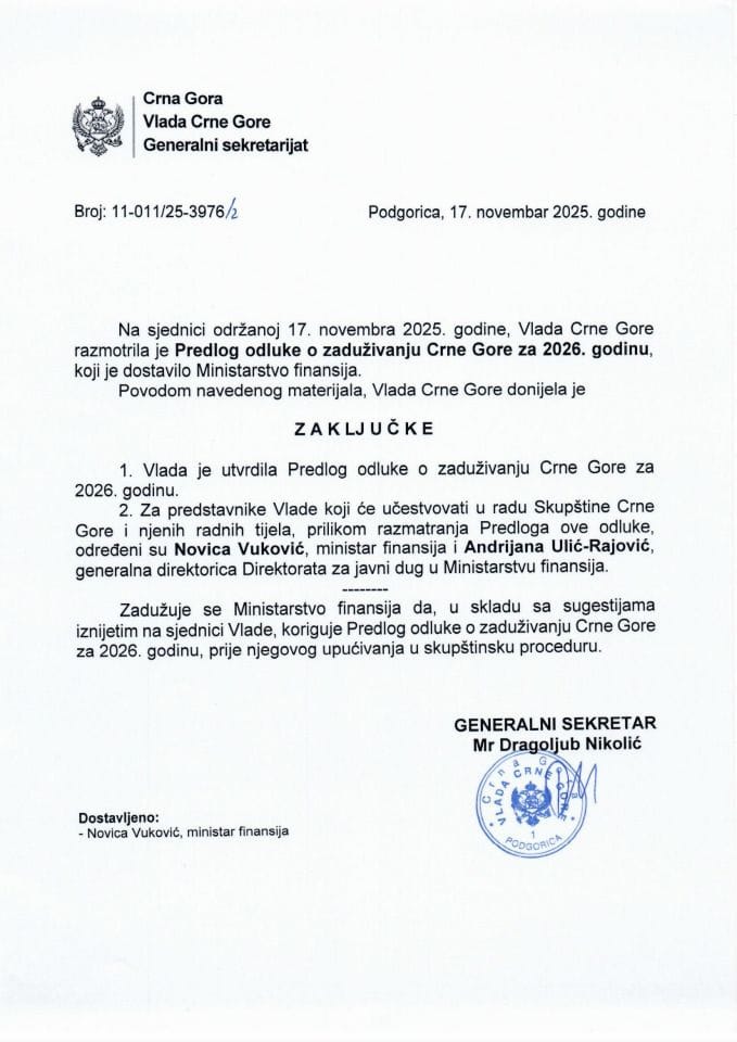 Предлог одлуке о задуживању Црне Горе за 2026. годину - закључци