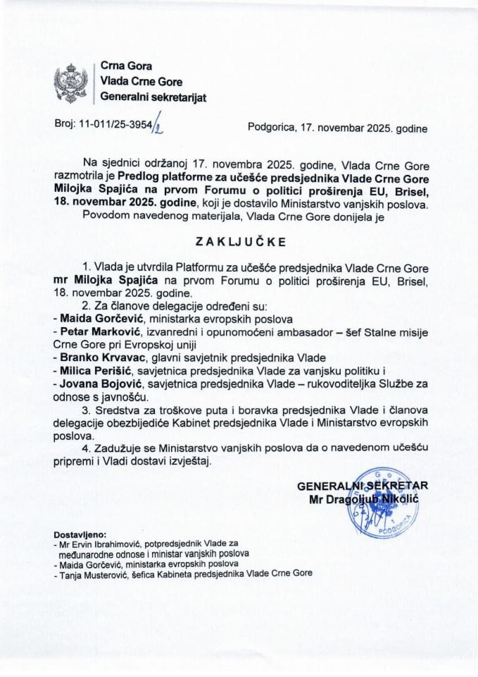 Predlog platforme za učešće predsjednika Vlade Crne Gore Milojka Spajića na prvom Forumu o politici proširenja EU, Brisel, 18. novembar 2025. godine (bez rasprave) - zaključci