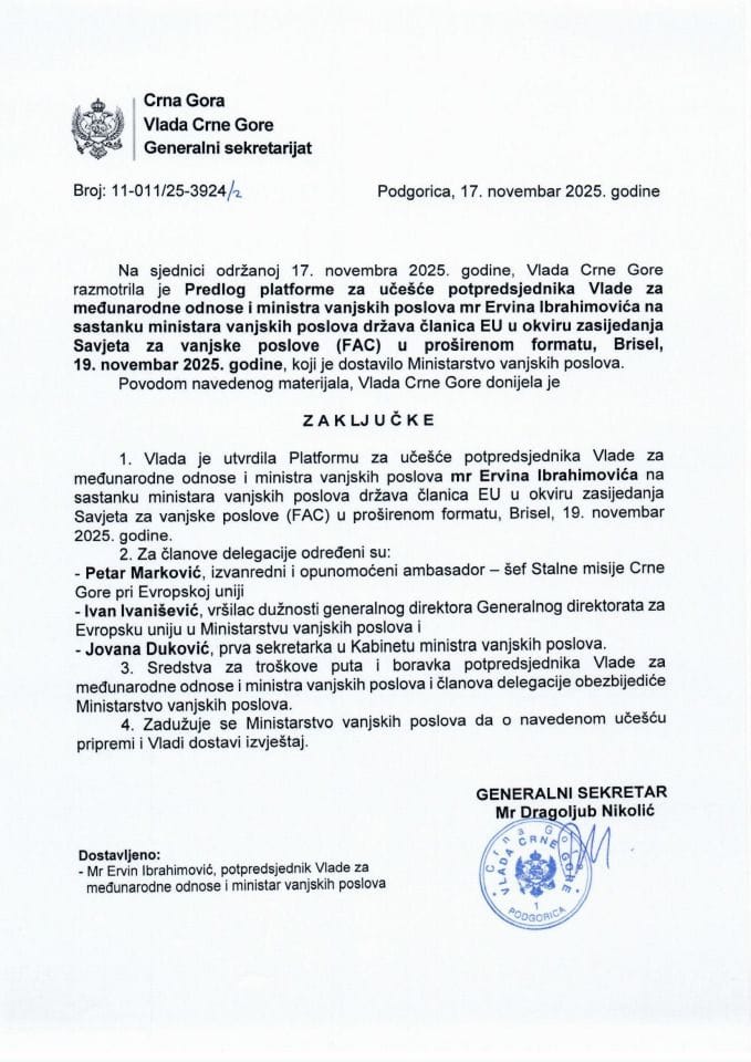 Предлог платформе за учешће потпредсједника Владе за међународне односе и министра вањских послова мр Ервина Ибрахимовића на састанку министара вањских послова држава чланица ЕУ у оквиру засиједања Савјета за вањске послове - закључци