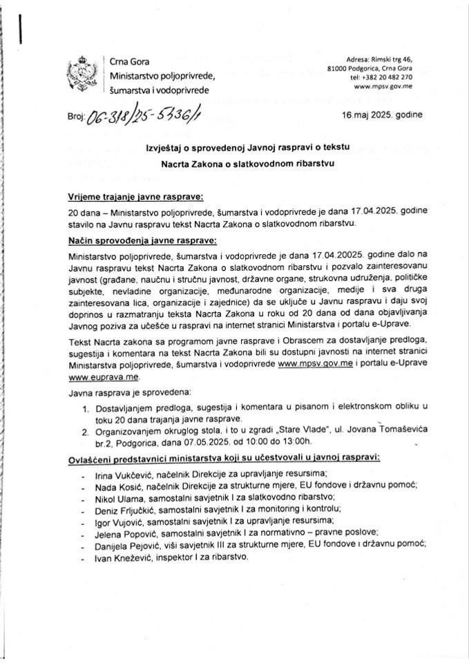 Izvjestaj sa javne rasprave o Nacrtu Zakona o slatkovodnom ribarstvu