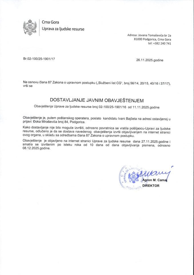 1_Javni oglas 02-100-25-1901-3 od 04.07.2025 za poptrebe Osnovnog državnog tužilaštva u Pljevljima -Ivana Bajčeta